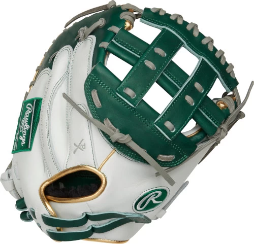 33 Inch Rawlings Liberty Advanced Color Series RLACM33FPDG Women's White/DarkGreen/Gold Fastpitch Softball Catcher Mitt